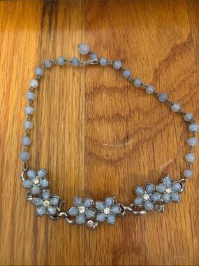 Vintage Blue Beaded Necklace with Floral Design